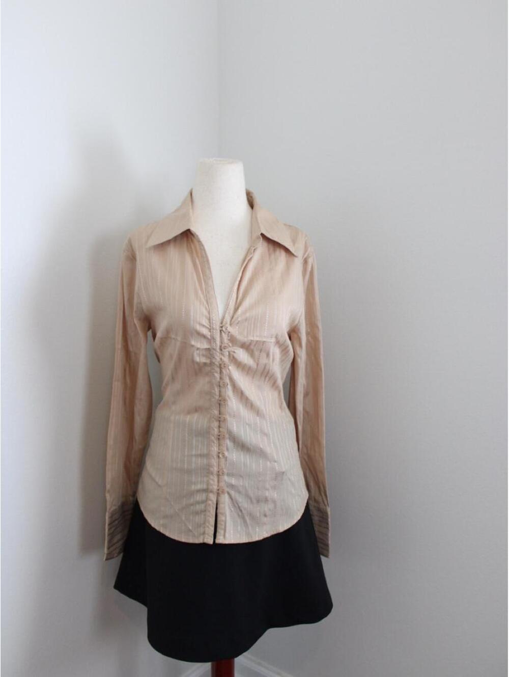beige button up long sleeve blouse with ruched front. Size: XL
